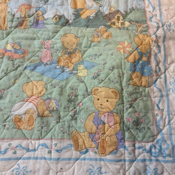Vintage 90s Baby Crib Comforter Quilt Teddy Bear Picnic White Blue