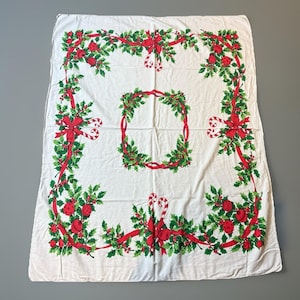Vintage Mid-Century Christmas Tablecloth Candy Cane Holly White Red Green 39x51