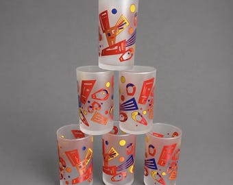 Vintage 80s Set of 6 Colorful Frosted 4" Juice Glasses Primary Colors Postmodern