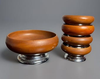 Vintage 60s/1960s Mid-Century HELLERWARE Wood/Metal Pedestal Bowls Salad Bowl Serving Set MCM