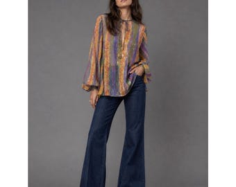 Vintage 70s BONWIT TELLER Womens 14 Rainbow Psychedelic Semi-Sheer Tunic Blouse