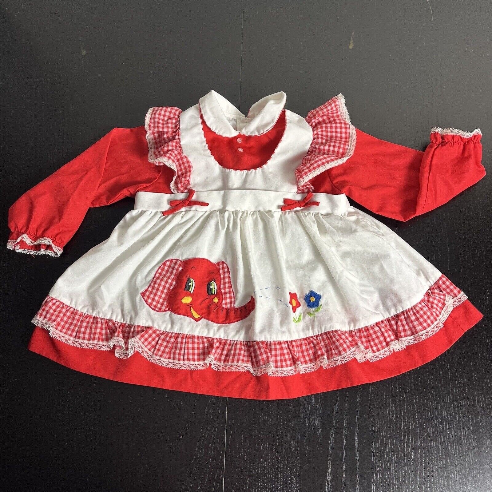 Vintage Aprons, Retro Aprons, Old Fashioned Aprons & Patterns Vintage 80S Baby Girl Dress Red White Elephant Flowers Apron Style 1980S $24.00 AT vintagedancer.com