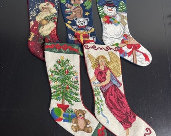 Lot of 5 Vintage Needlepoint Christmas Stockings Santa Angel Snowman Toys Tree
