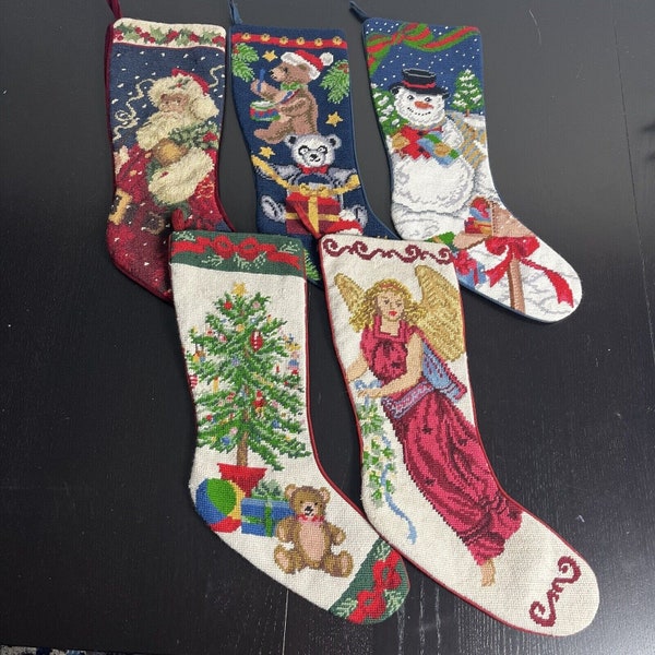 Lot of 5 Vintage Needlepoint Christmas Stockings Santa Angel Snowman Toys Tree