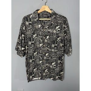 Vintage 90s Mens M OP Sport Black Hawaiian Tropical Floral Print Barkcloth Camp Shirt 1990s