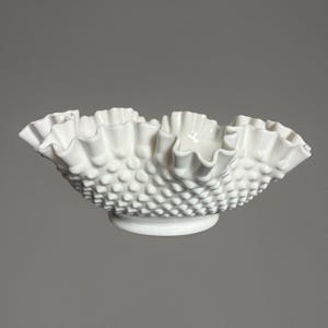 Vintage Fenton White Hobnail Milk Glass Ruffled Crimped Bowl 11.5&quot; Centerpiece