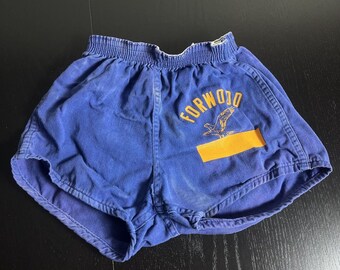 Vintage 1950s Russell Southern Co Tamaño XS Pantalones cortos de gimnasio azul Forwood LECTURA DEFECTUOSA