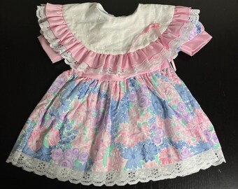 Vintage Toddler Girl 3T Colorful Floral Print Party Dress Short Sleeves Frilly 90s/1990s