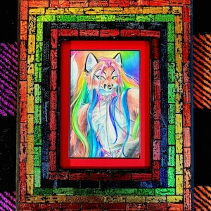 May include: A colorful framed illustration of a furry creature with rainbow hair and a silver chain. The frame is made of wood and has a mosaic of red, orange, yellow, green, blue, and purple tiles.