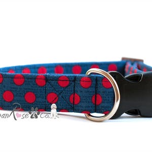 CHARLES: Designer Dog Collar Blue Polka red Dots Urban Rose & co #Dogcollar #Collar #Colorful #Blue #UrbanRose #Designer #madeincanada