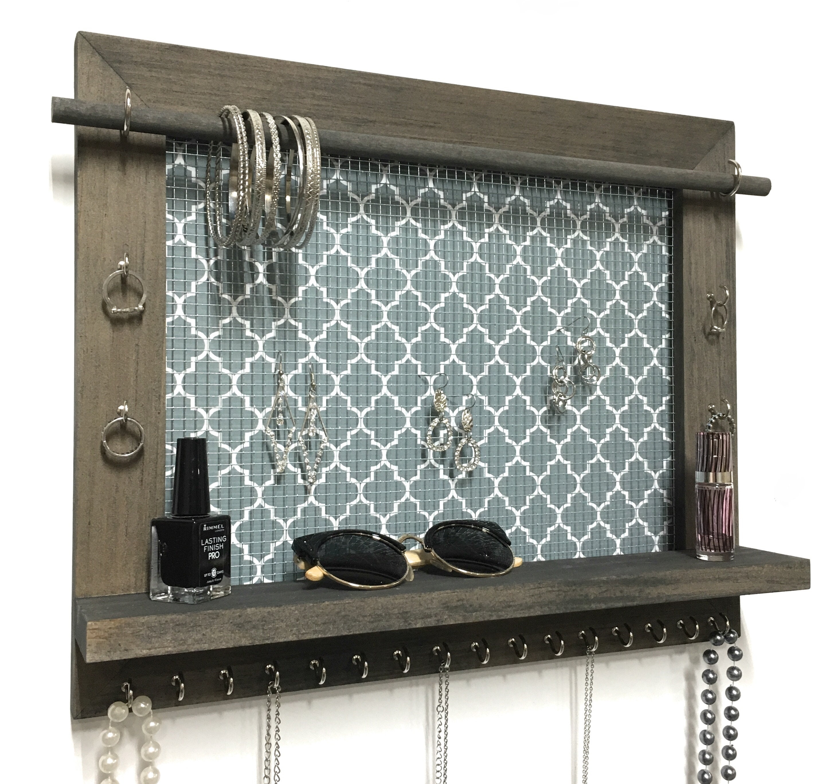 Jewelry Organizer, Barn Wood Wall Hanging Display With Shelf, Storage…