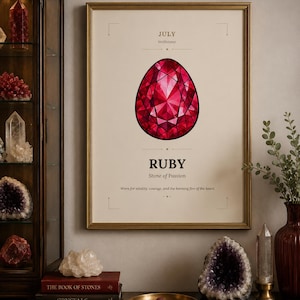 Könnte beinhalten: Ein gerahmter Druck mit einer detaillierten Illustration eines Rubins, dem Geburtsstein für Juli. Der Druck in einem goldenen Rahmen enthält den Text "RUBY Stone of Passion". Das Bild wird mit anderen Kristallen und Büchern präsentiert.