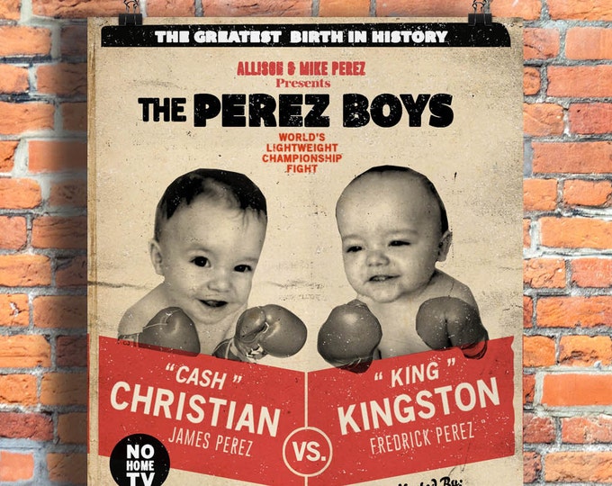 twins, twin birth announcement, twin birthday invitation, boy twins, retro,boxing, baby announcement, invitation, birthday