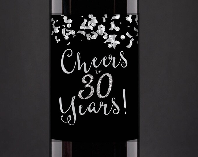 Digital Wine label, Cheers, 21st, 30th, 40th, 50th, 60th, 70th, 80th, 90th, glitter, favor sticker, label, silver, birthday, retirement