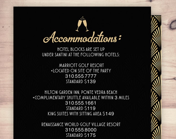 Great Gatsby accommodations card, RSVP card, Roaring 20's, Hollywood film theme party invite. Black and gold, glam, old Hollywood