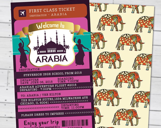 Prom, PASSPORT and TICKET invitation, Morocco, Arabia, Arabian Nights, Bollywood- travel birthday party invitation, Ethnic, School dance