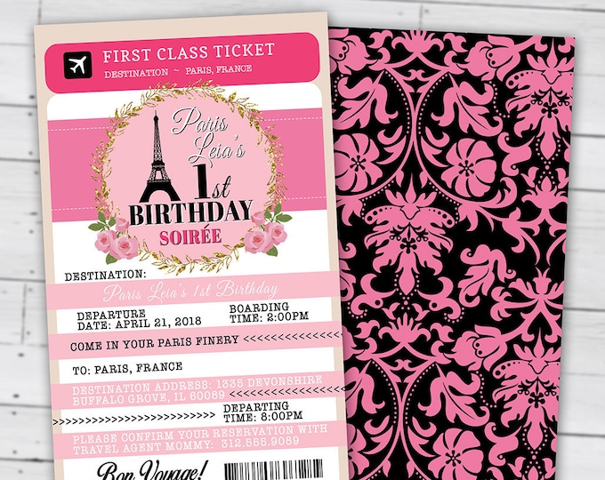 PASSPORT and TICKET birthday invitation! Girl's birthday party- travel birthday party invitation- Paris, Eiffel tower,  Digital files only