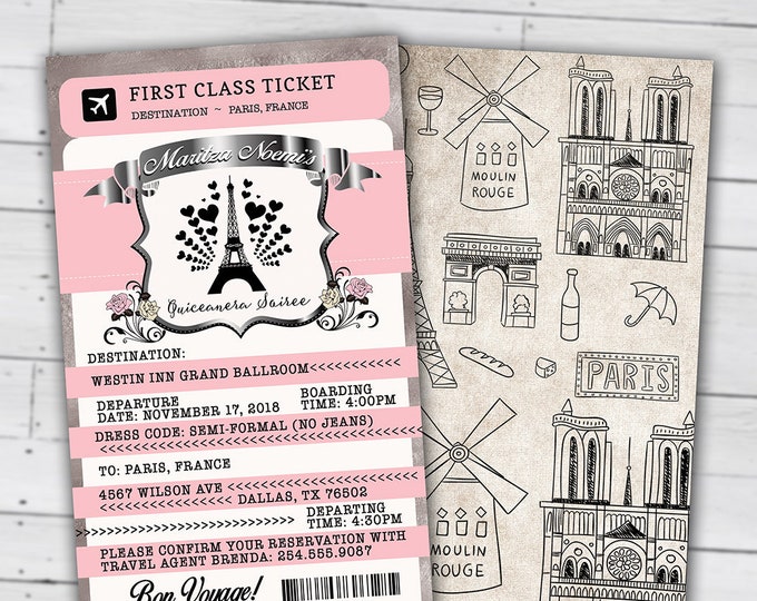 PASSPORT and TICKET, Sweet 16, Quinceanera invitation Girl birthday party, travel birthday party invitation- Paris, Digital files only