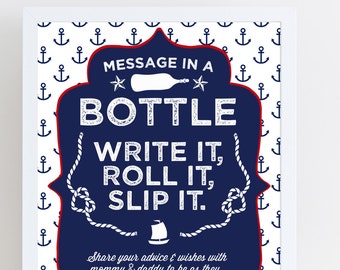 Könnte beinhalten: Ein blaues und weißes Schild mit Ankermuster und dem Text "Message in a Bottle, Write it, Roll it, Slip it."  Teile deine Ratschläge und Wünsche mit Mama und Papa, während sie in ein aufregendes neues Leben segeln!