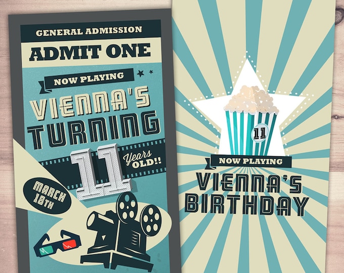 Movie ticket Invitations - birthday movie theater invite, Movie Night Invitation - Movie Night Party, movie birthday, retro film