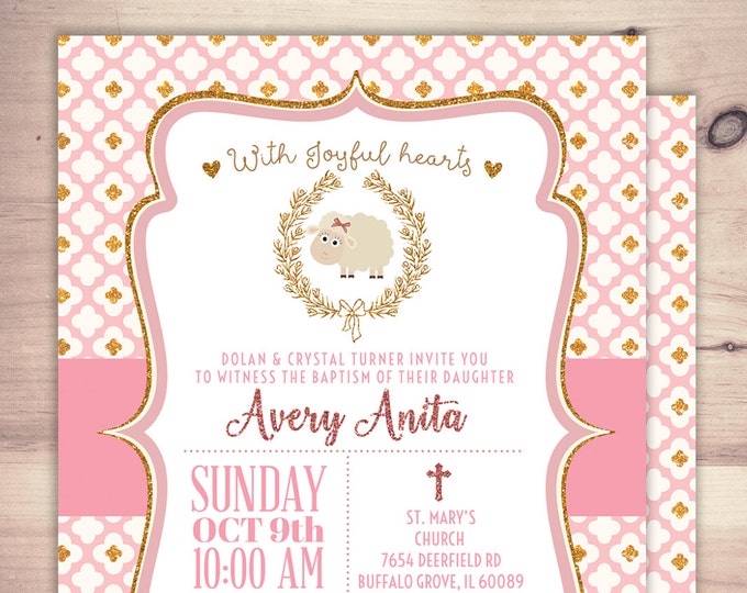 Lamb Baptism Invitation, Christening,Pink Girls Little Lamb Christening Invitation, little lamb, baby sheep, sheep, invitations