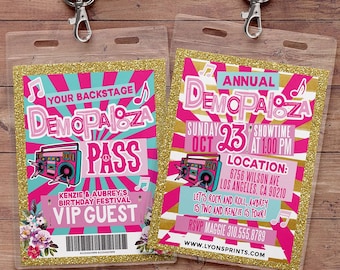 May include: A pink and gold glitter VIP pass with a retro boombox graphic and the text "Demopa18za Pass" for Kenzie and Aubrey's birthday festival. The pass is attached to a purple lanyard.