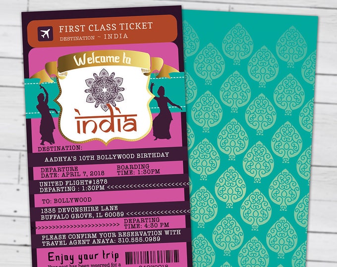 PASSPORT and TICKET birthday invitation, Bollywood- travel birthday party invitation-  birthday-ethnic, India, Hindu