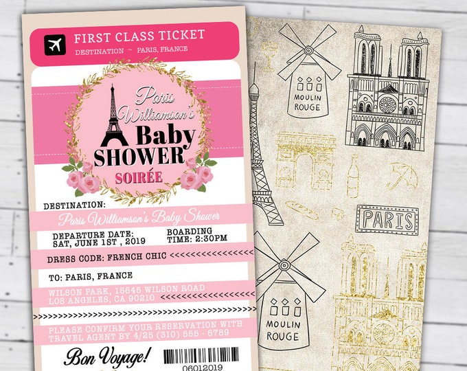PASSPORT and TICKET baby shower invitation, Baby girl- wedding shower invitation- Paris, Eiffel tower, first birthday,Digital files only