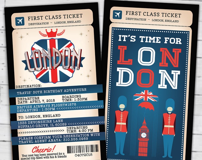 London, passport and ticket, birthday invitation, travel birthday party invitation, Union Jack, England, British, Digital files only