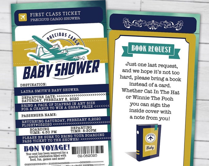 PASSPORT and TICKET baby shower invitation, vintage airplane, travel theme, Precious Cargo, time flies, airplane invite, Digital files only
