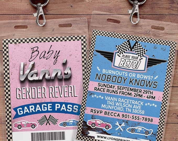 Gender reveal invitation, Retro Race Car Invitation, Pitt Pass, Vintage Race Car Invite, Race Car Birthday, VIP pass, baby shower