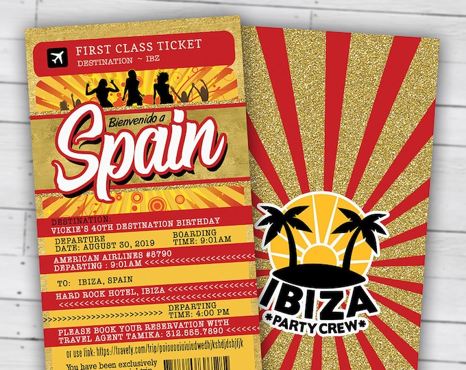 Passport and ticket birthday invitation, travel birthday party invitation, cruise invitation, Ibiza, Spain, Digital files only