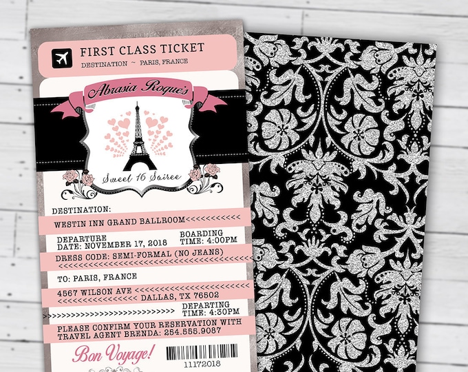 PASSPORT and TICKET invitation, travel birthday party invitation- Paris, Eiffel tower,  first birthday, sweet 16, Digital files only