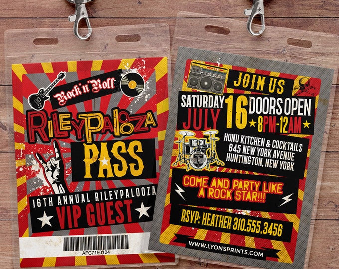 Rock Star, VIP PASS, backstage pass, Vip invitation, birthday, pop star, rock star birthday, roller-skate party VIP, 80's