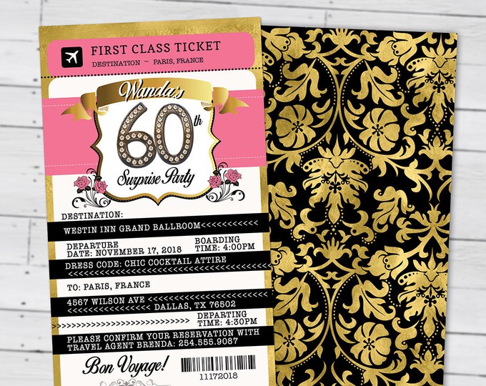 PASSPORT and TICKET birthday invitation, Paris birthday party invitation- travel birthday party invitation- Paris, 40th, surprise,50th, 30th