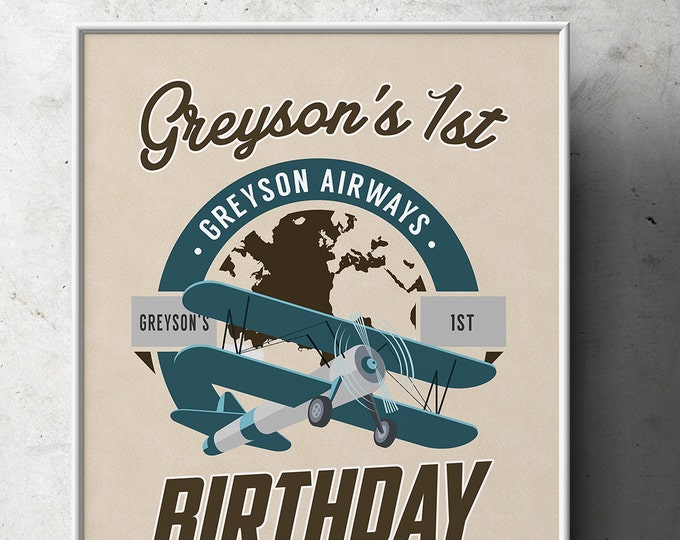 Party signs, Vintage Airplane, birthday, luggage tag- Vintage, Airplane / Birthday Party, first birthday, 1st, 60th