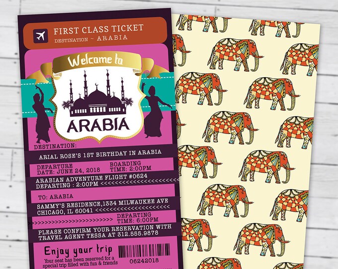 Arabia, Arabian, Passport and ticket, birthday invitation, Girl birthday, travel birthday party invitation, birthday, ethnic, Arabian nights