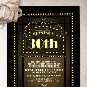 Invitation d'anniversaire de Great Gatsby, Roaring 20's, invitation à une soirée à thème sur le film hollywoodien. Invitation numérique imprimable glam noir et or, glam,