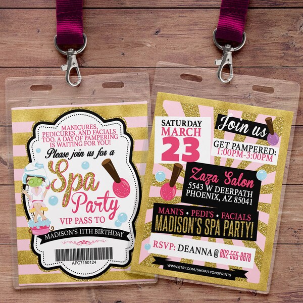 Spa party invitation, VIP PASS, backstage pass, Vip invitation, birthday invitation, lanyard, Rock Star birthday, nail polish, printable