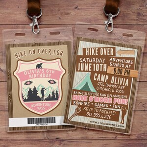 May include: A brown and pink camping-themed birthday party invitation with a bear, a tent, and the text "HIKE OVER" and "SATURDAY JUNE 10TH".