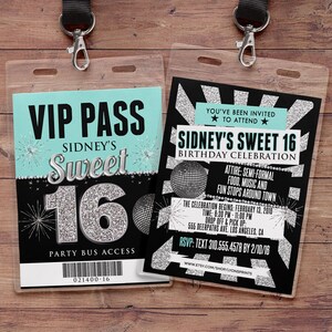 VIP PASS, Sweet 16, 21st birthday, backstage pass, birthday invitation, wedding, baby shower, bachelorette party, party favor, party bus