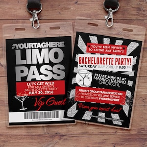 VIP PASS, Limo pass, Bachelorette party, 21st birthday, backstage pass, cocktail party, birthday invitation, wedding, bachelor, party bus