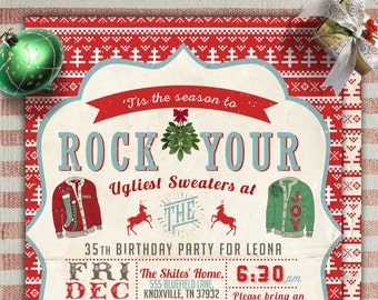 Può includere: Un invito di compleanno di 35 anni a tema natalizio, rosso e bianco. L'invito recita "Rock Your Ugliest Sweaters at The Skiles' Home, 555 Bluefield Lane, Knoxville, TN 37932. Fri Dec 4th 2015. 6:30 pm. Please bring an ornament instead of a gift. Cookies and drinks. Please RSVP by Nov 28th to Kelly at 310.555.8767."