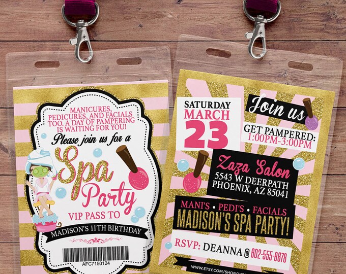 Spa party invitation, VIP PASS, backstage pass, Vip invitation, birthday invitation, lanyard, Rock Star birthday, nail polish, printable