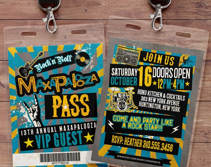 Rock Star, VIP PASS, backstage pass, Vip invitation, birthday, pop star, rock star birthday, roller-skate party VIP, 80's