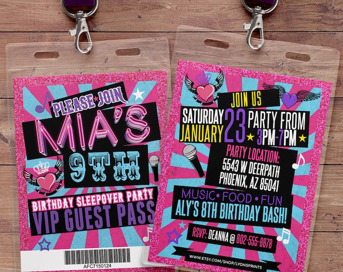 Retro, neon, VIP PASS, backstage pass, Vip invitation, birthday invitation, pop star, bridal shower invite, Rock Star birthday, Digital file