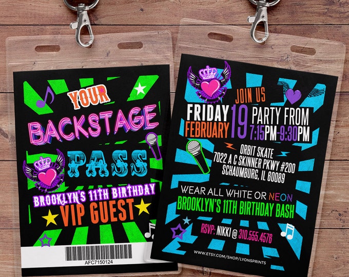 Retro, neon, VIP PASS, backstage pass, Vip invitation, birthday invitation, pop star, bridal shower invite,  lanyard, Rock Star birthday,