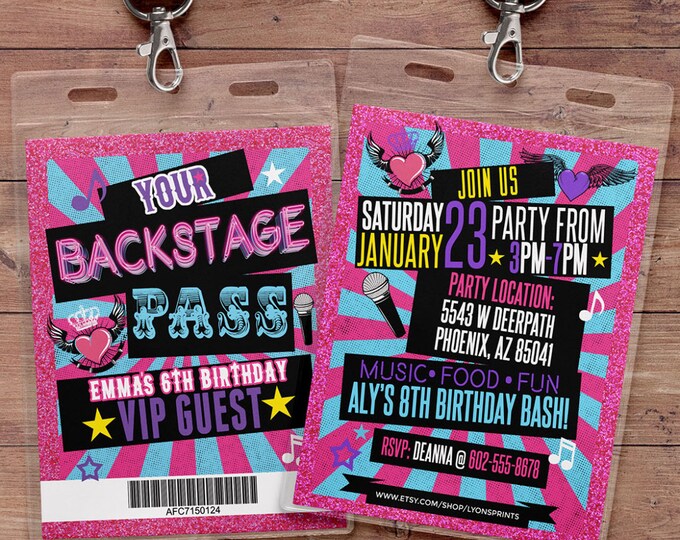 Retro, neon, VIP PASS, backstage pass, Vip invitation, birthday invitation, pop star, bridal shower invite,  lanyard, Rock Star birthday,