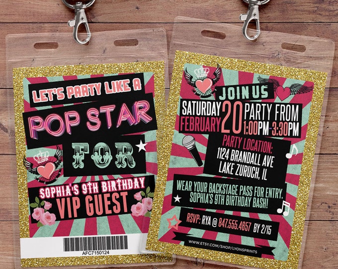 Retro, neon, VIP PASS, backstage pass, Vip invitation, birthday invitation, pop star, bridal shower invite,  lanyard, Rock Star birthday,