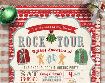 May include: A red and white Christmas-themed invitation with a vintage design. It says "Rock Your Ugliest Sweaters at The Andrus' Cookie Making Party" with the date and time of the party. The invitation also includes the address and RSVP information.